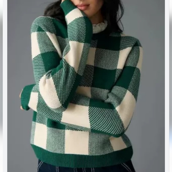 An­thro­polo­gie Plaid Ruffle-Collar Pullover Sweater Prep Preppy Old Money - Picture 1 of 11